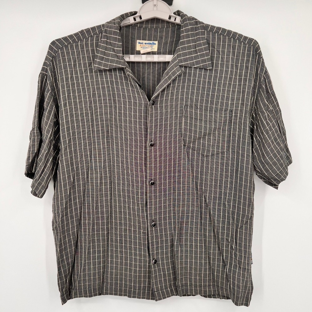 Bc Ethic Lounge USA Mix Mens Large Black Windowpane Grid Rayon Camp Shirt